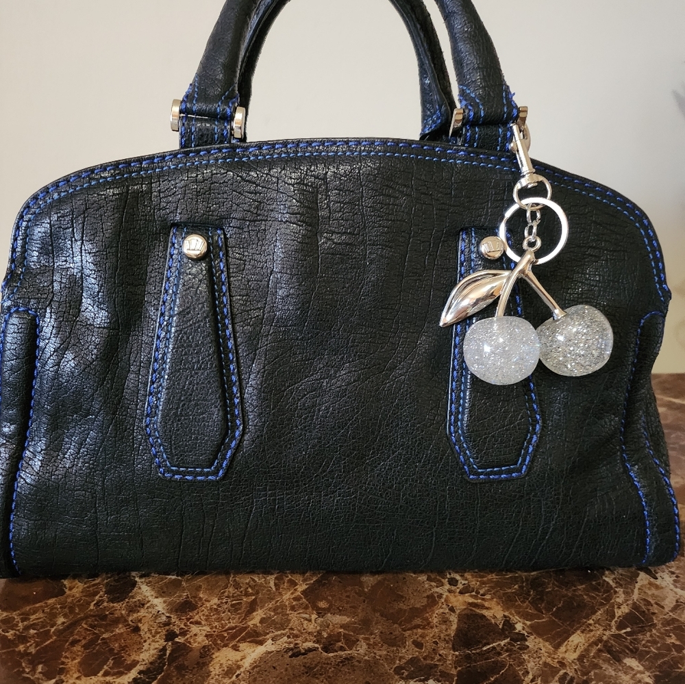 Henri Bendel Black Handbag with Blue Stitching EUC